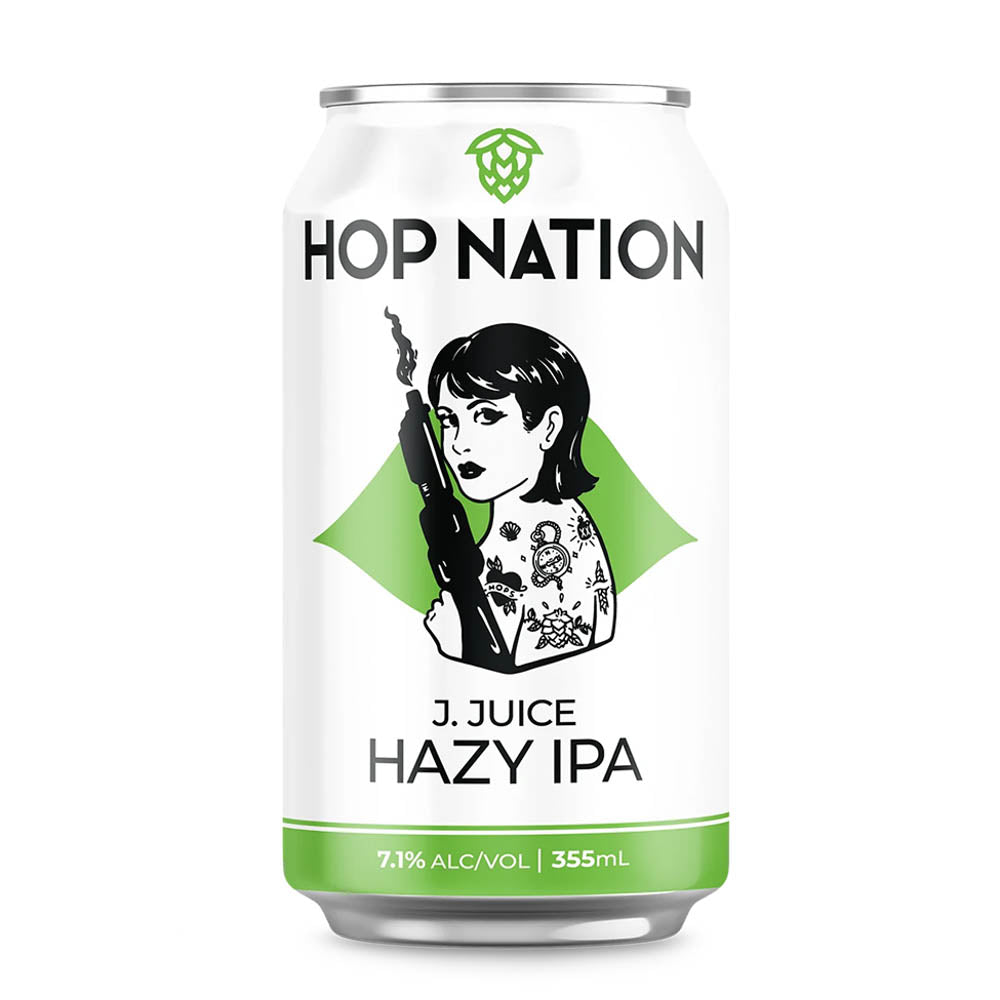 A 355 mL can of Hop Nation J. Juice Hazy IPA on a plain white background.