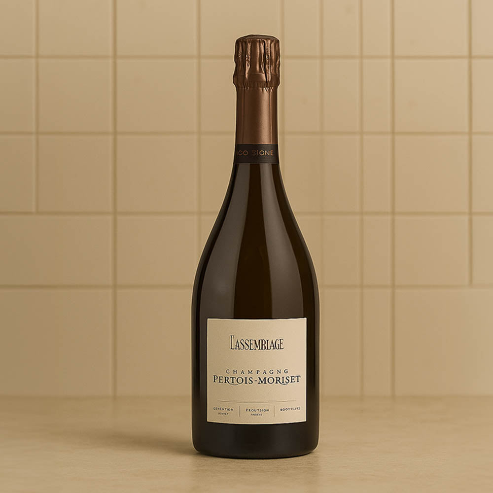A bottle of L'Assemblage Champagne Pertois-Morlet standing on a light beige surface against a beige tiled background.