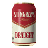 A single can of Stingrays Finest Draught beer on a plain white background. The can features a red top half with gold trim and white lettering, and a white bottom half with red lettering.